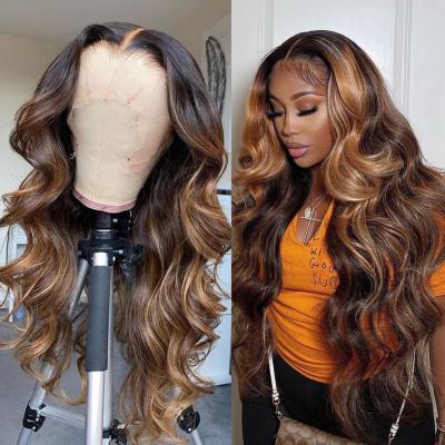 China Unprocessed human hair 13x4 hd lace front 180% density 100% virgin hair highlighted wigs with piano color hd highlighted human wig for black women for sale