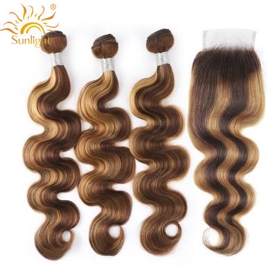 China Sunlight Human Hair Bundles 100% Virgin Body Wave Hair Color 4/27 Highlights Bundles With 4x4 Lace Closure Headband for sale