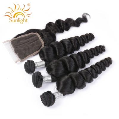 China 100% Virgin Hair Bundles Brazilian Sunlight Hair Loose Wave Hair Bundles With Curly Lace Closure 100% Non-Remy Hair Bundles 4*4 for sale