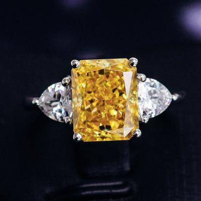 China Hip Hop Champagne Color Ice Flower Cushion Cut Zircon Ring Three Stone Women 925 Sterling Silver Engagement Wedding Rings for sale