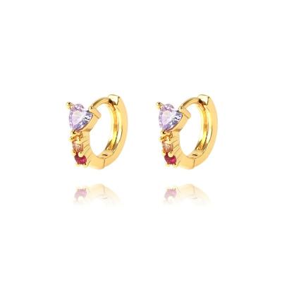 China TRENDY INS Hot Selling 18K Gold Plated Pink Purple Heart Zircon Women Fashionable Huggie Circle Earring Women Fashion Jewelry for sale