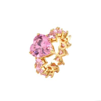 China Best Selling Ins Romantic Women Fashion 18K Zircon Wand Band Ice Out Pink Heart Ring Perfect Jewelry Gift for sale