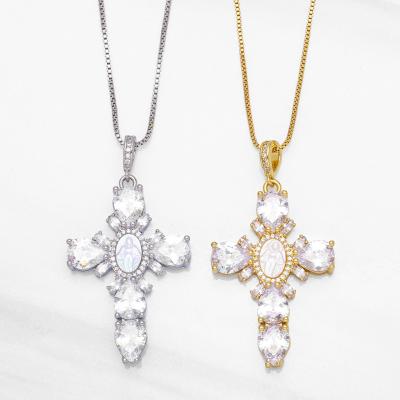 China Religious Tasty 18K Gold Plated Shell Pearl Virgencita Cubic Zirconia Micro Pave CZ Diamond Cross Pendant Necklace Religious Jewelry for sale