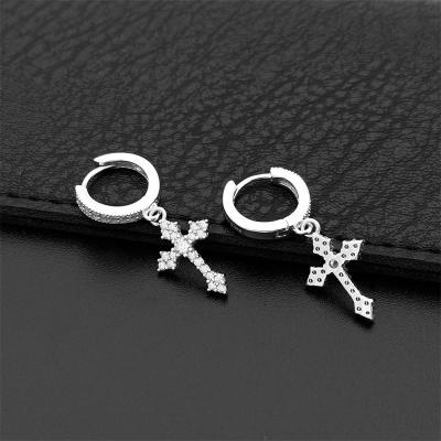 China Religious Hip Hop Iced Out Jewelry Factory Price 925 Jewelry D Color Moissanite 18K Fine Gold Plated Mens Cross Hoop Earrings for sale