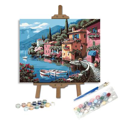 China Realistic lakeside village early morning frame diy painting living room decoration by numbers for sale