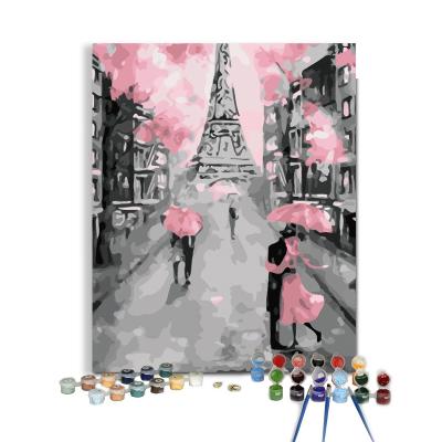 China Modern Romantic Eiffel Tower Lovers Kiss Tree Pink Umbrella Painting By Numbers for sale