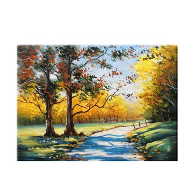 China Impressionist Autumn Scenery Path Red Leaves Handmade Acrylic Landscape Knife Painting for sale