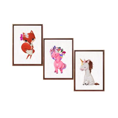 China Cartoon Fox Girl Pink Unicorn Floral Crown Kids Room White Woodland Animals Nursery Wall Art Prints for sale