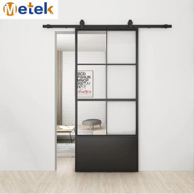 China Decoration Metal Sliding Barn Door Panel Carbon Steel Clear Heavy Duty Black Tempered Glass With Top Mounted Hardware Kit for sale