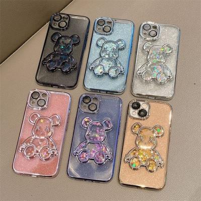 China Shockproof With Lens Film Protector Electroplate 3D Glitter Quicksand Bear Designer Mobile Phone Case For iPhone 14Pro 13 12 11 XSmax XR for sale