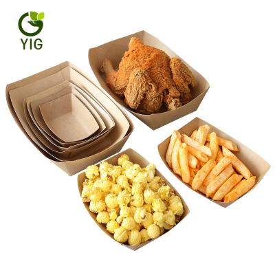 China Disposable Disposable Grease Resistant Brown Kraft Paper Boat Shape Trays Take Away Box For Food for sale