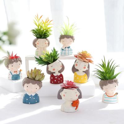 China Easy Succulent Craft Garden Couples Plants Pots Mini Cactus Home Decor Flower Planter Cute Girl Boy Cartoon Portrait Flower Pot for sale