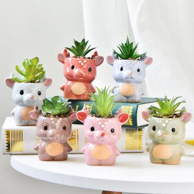 China Cute & Design New Cute Cartoon Mini Small Plum Deer Succulent Planters Animal Flower Ceramic Plant Pots for sale