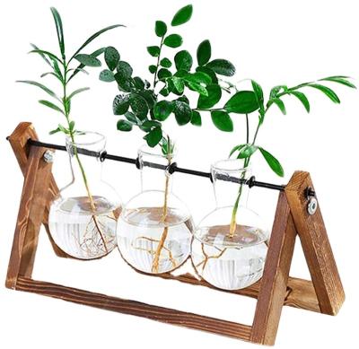 China Hydroponic 3 Tubes Hydroponic Wooden Frame Flower Home Decor Propagation Station Transparent Crystal Terrarium Flower Glass Vase for sale