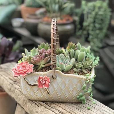 China CLASSIC Flower Basket Rattan Hand-held Succulent Flowerpot Ceramic Green Plant Pot Indoor Decor Planter Container Pottery Basin for sale