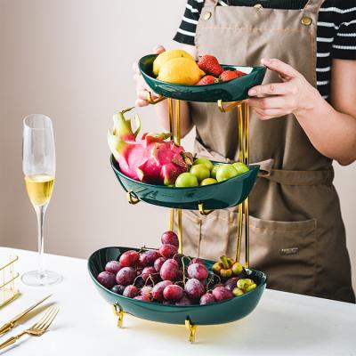 China 3 Layers Luxury Ceramic Serving Dish Sustainable Multi Color Snack Ware Table Fruit Dish With Metal Rack for sale