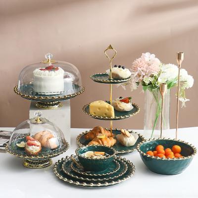 China New Design Sustainable Cake Plate Green White Gold Rim Ceramic Plate Pasta Steak Dinner Dish Set Dinnerware Porcelain Luxury Dinner Sets for sale