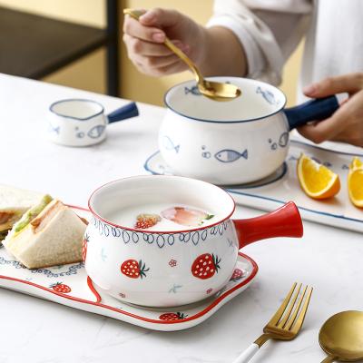 China Sustainable Wholesale Modern Japanese Style Tableware Milk Bowl Ceramic Breakfast Set With Handle for sale