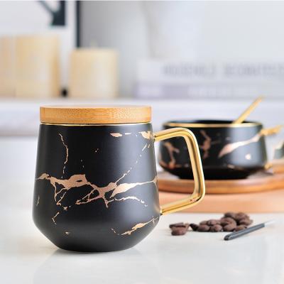 China Drinkware Logo Wooden Lid Luxury Marble High End Custom Made White Ceramic Coffee Mug With Gold Handle for sale