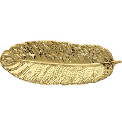 China Viable style nordic glod feather banana leaf dish home decor storage platter china ceramic dessert dish for sale