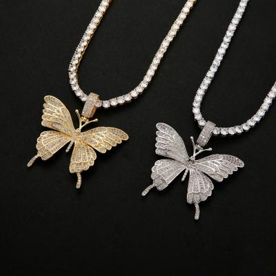 China Big Butterfly Hiphop Crystal Tennis Necklace Hiphop Chain Silver or Gold Butterfly Pendant Necklace for Women for sale