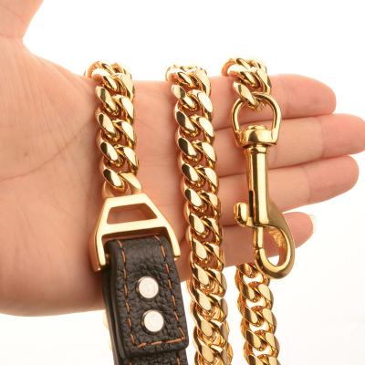 China Wholesale Custom Stainless Steel DETACHED Cuban Link Leather Dog Leash 14mm Dog Logo Leather Dog Leads for sale