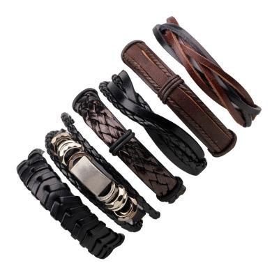 China 2020 new arrival punk diy braided stretching 6 pieces of cheap leather bracelet set men's leather bracelet for sale