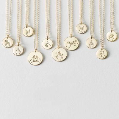 China Cute Hand Gestures Pendant Necklace 14K Gold Plated Personalized Cute Disc Friendship Necklace For Women for sale