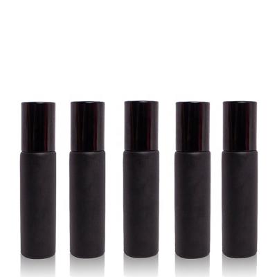 China Personal Care 10ml Matte Black Essential Oil Cosmetic Glass Roll On Bottle With Black Cap for sale