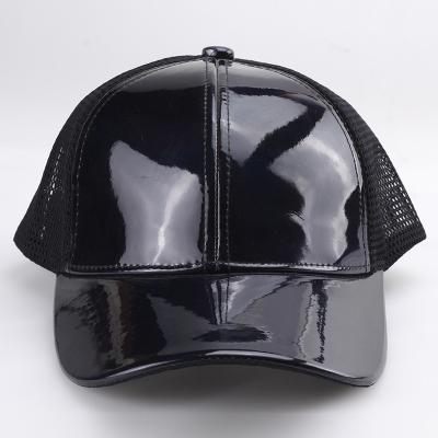 China NEW JOINT Trends Black Logo 6 Panel PU Leather Mesh Custom Trucker Caps Hats Wholesale for sale