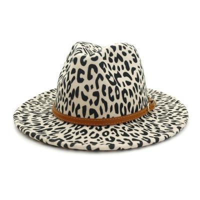 China Eco-friendly Dye Fashion Flat Wide Brim Panama Wool Felt Top Jazz Leopard Goth Wedding Fedora Hats for sale