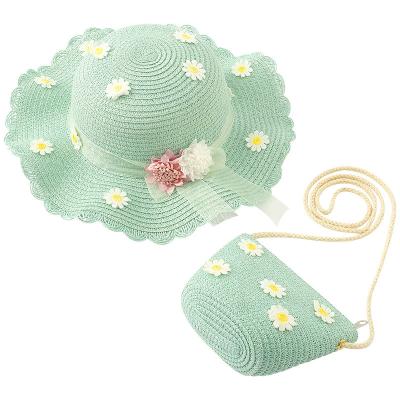 China Wholesale Sun Flower Girl Summer Beach Hat Bag Set Picture Umbrella Hat Girl Straw Hat for sale