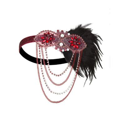 China Party Accessories 1920s Party Hair Decoration Retro Feather-encrusted Diamond Fringed Stretch Headband Vintage Bridal Prom Wedding Headpiece for sale