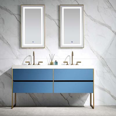 China Modern High Quality Nordic Style Bathroom Vanity Cabinets Simple Design LED Golden Mirror Furniture for sale