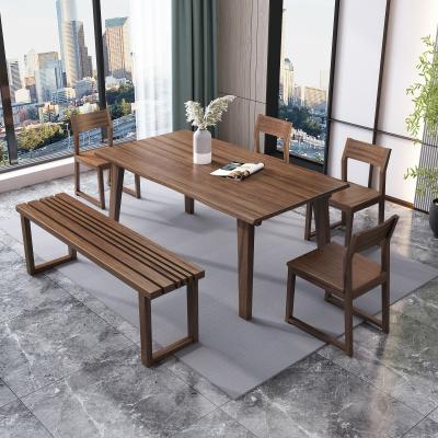 China Durable Solid Wood Rectangular Dining Table with Curved Edge and 4 Wooden Chairs 1 Long Bench 6 Piece Walnut Dining Set Set for sale