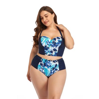 China Plus Size Women Vintage Print Two Piece Swimsuit Retro Breathable Halter Ruched Waist Bikini Top for sale