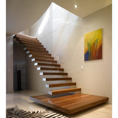 China Contemporary Floating Straight Staircase Invisible Wood Step Straight Staircase Stringer Stairs For Residential Home for sale