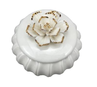 China White Ceramic Ring Holder Trinket Jewel Box Ring Holder Jewelry Case with Handmade Gild Edge Flower Ceramic Lid for Wedding Anniversary for sale