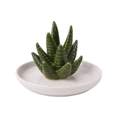 China Ring Holder Sales Ceramic Aloe Ring Holder With Decorative White Cactus Ring Holder Plate For Jewelry Porcelain Aloe Ring Holder for sale