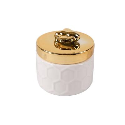 China Bee Storage Jar Container Ceramic Jewelry Storage Box, Simple Small Jewelry Box Jewelry Holder Storage Jar Dresser Ornaments With Bee Lid Gold Round for sale