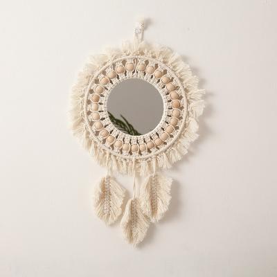 China Ins Boho Woven Leaf Bead Bohemian Wood Hanging Make Up Wall Mirrors Home Decor for sale