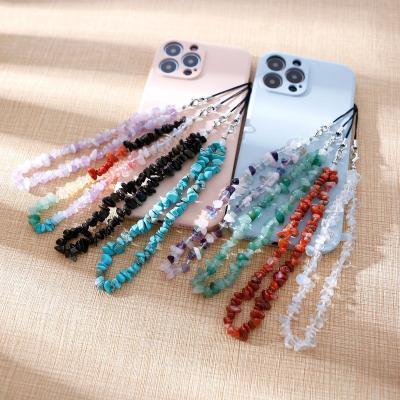 China LUXURY DIY European and American natural crystal cell phone lanyard beads stone powder gravel cell phone case crystal wrist band for sale