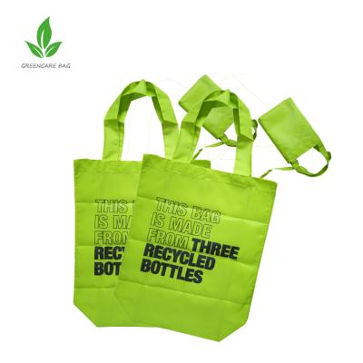 China Made From Used Plastic Bottles Recycled Green PET Polyester Supermarket Bag Foldable RPET Tote Bag for sale