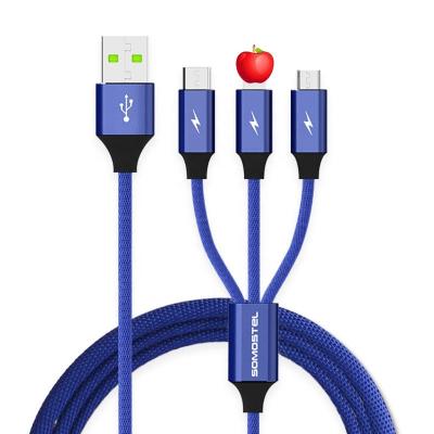 China MP3/MP4 Player 3 IN 1 Data Sync And USB Cable Fast Charging Cotton Braided Material Mobile Phone Data Cable for sale