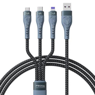 China 6A Max Output Pulsating PRODA/AZEADA 3 in 1 Fast Charging Cable PD-B74th for Type-C Max Output 2.4A USB Data iPhone 4.27ft Cables for sale