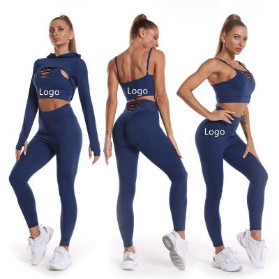 China Breathable Logo Sport Wear Workout Clothes Custom Long Sleeve Hoodies Crop Top Sports Bra Yoga Gaiters 3 Pieces Set Yoga Seamless Set for sale