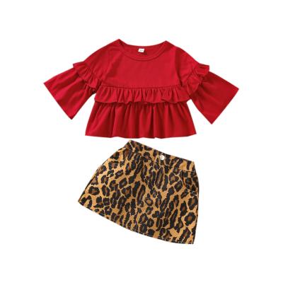 China 2021 New Summer Autumn Long Sleeve Baby Girls Casual Long Sleeve Leopard Shirt Skirt Suit Outfit Kids Clothes Red Set for sale