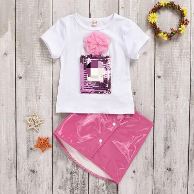 China New Summer 2020 Casual Toddler Kids Baby Clothes Short Sleeve White T-shirt +Mini PU Skirt Outfits Set for sale