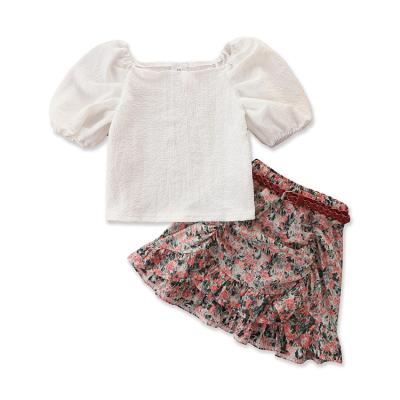 China 2021 Summer Casual Girl Dress White Bubble Sleeve Blouse Flower Skirt Suit Sweet Short Kids Clothing Set for sale