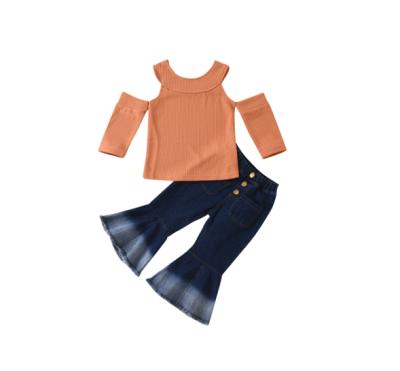 China 2021 Casual Baby Kids Girl Off Shoulder Knitted Top Denim Flared Pants Chic Style Autumn Outfits for sale